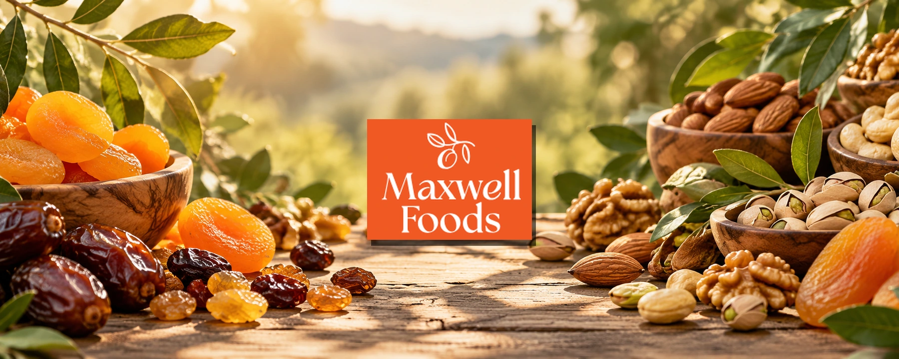 Maxwell Foods Logo vor Trockenfrüchten und Nüssen