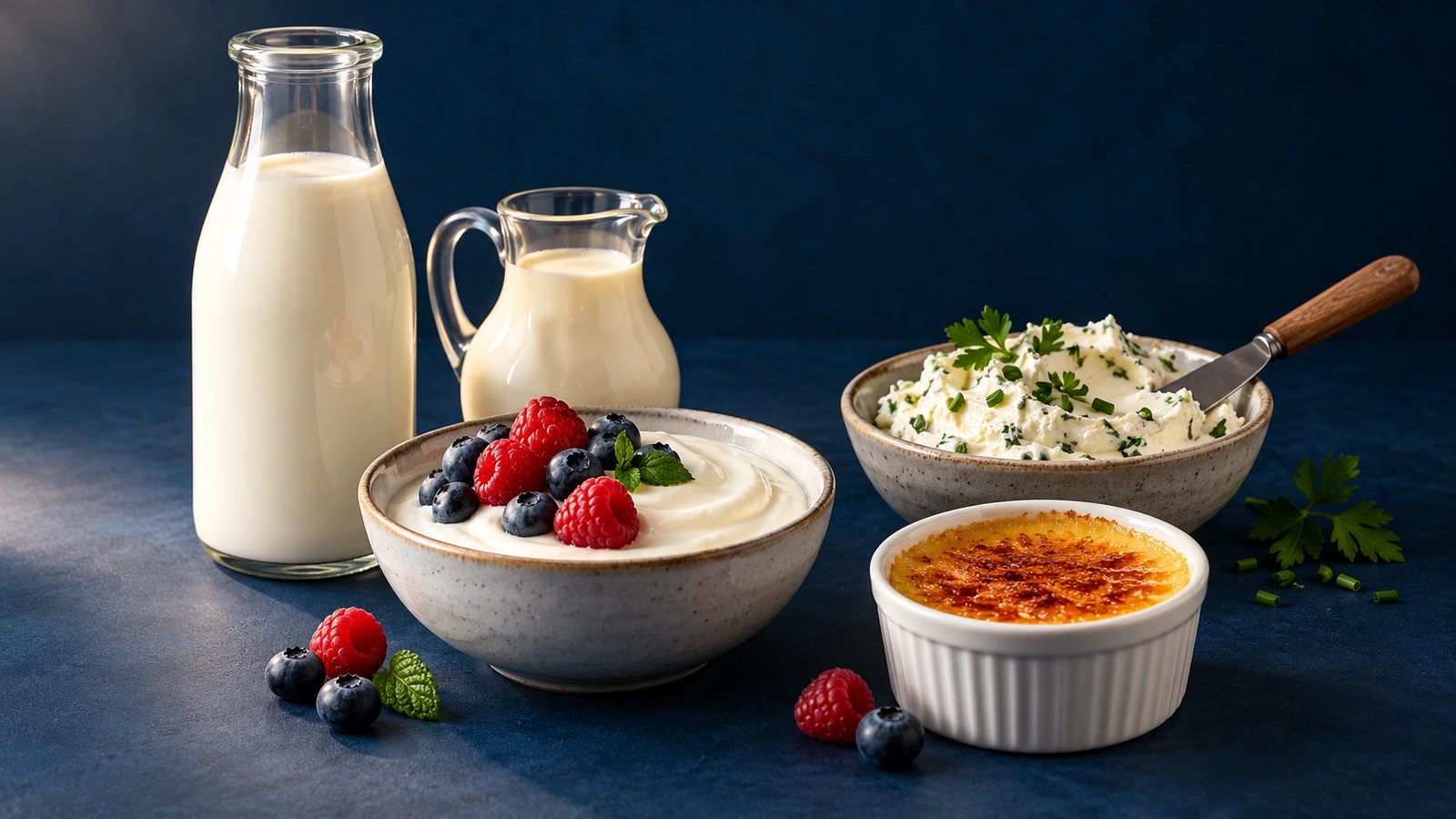 Milch, Sahne, Fruchtjoghurt, Kräuterfrischkäse und Dessert