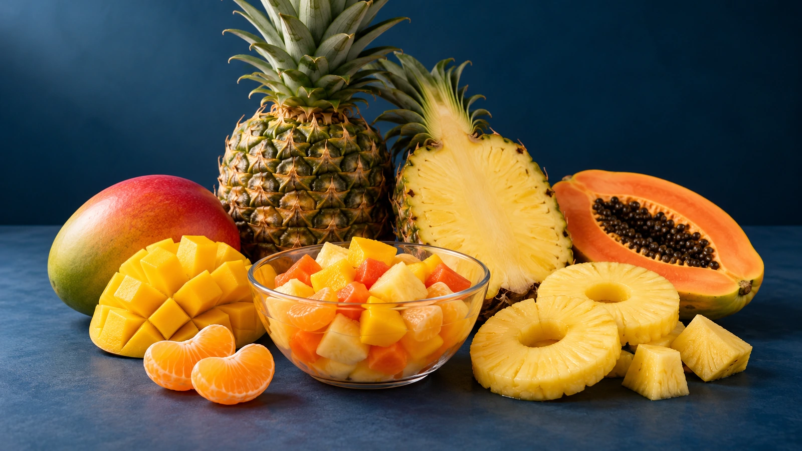 Ananas, Mango, Papaya, Mandarinen und tropischer Fruchtcocktail